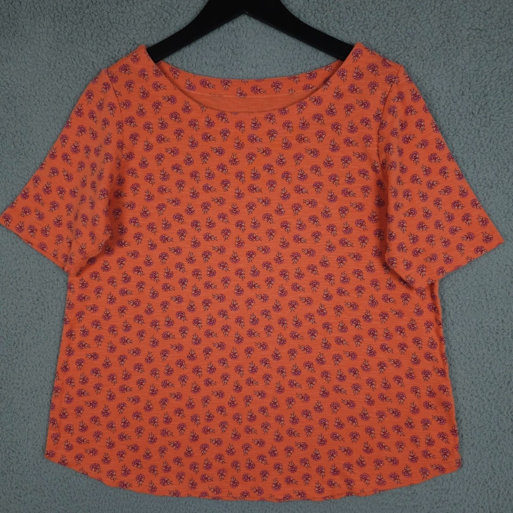 J Jill Shirt Womens MP Orange Pink Floral Pima Slub Elbow Sleeve Tee Boho Casual